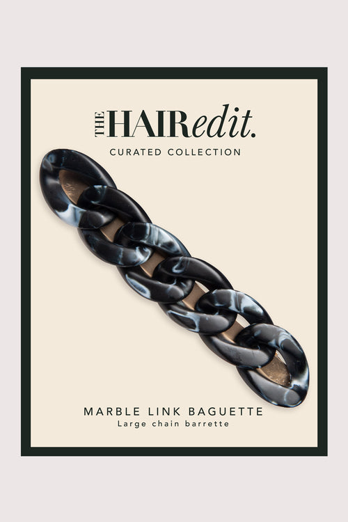 the hair edit marble link baguette large chain barrette in black marble in packaging