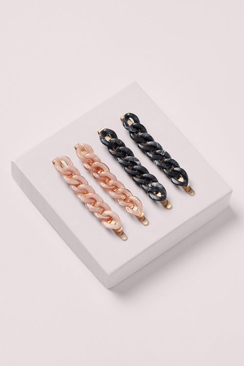 4 Chain Link Bobby Pins in Champagne and Black Marble on white box